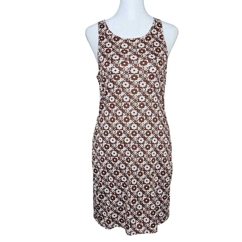 Le Lis Collection Dilly Flower Brown Cream Ribbed Bodycon Mini Tank Dress Medium - Picture 2 of 11